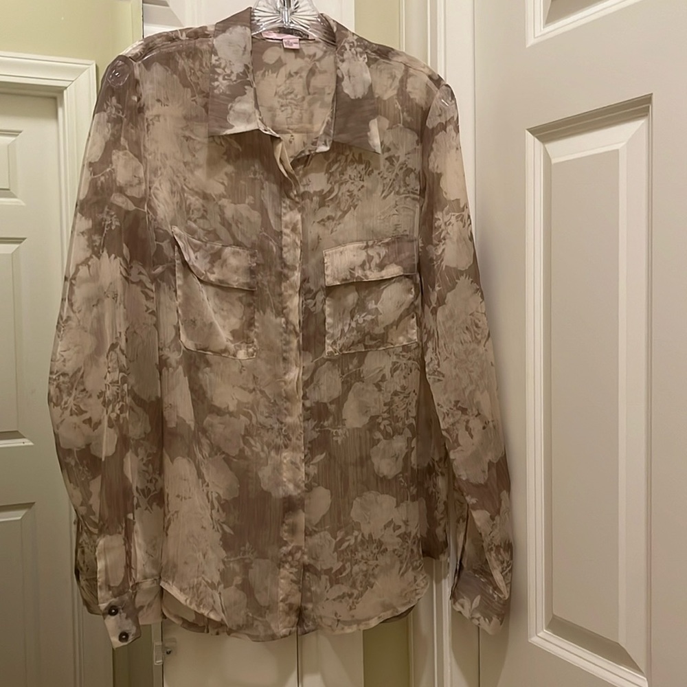 Sheer light beige "camo" print blouse, Size large